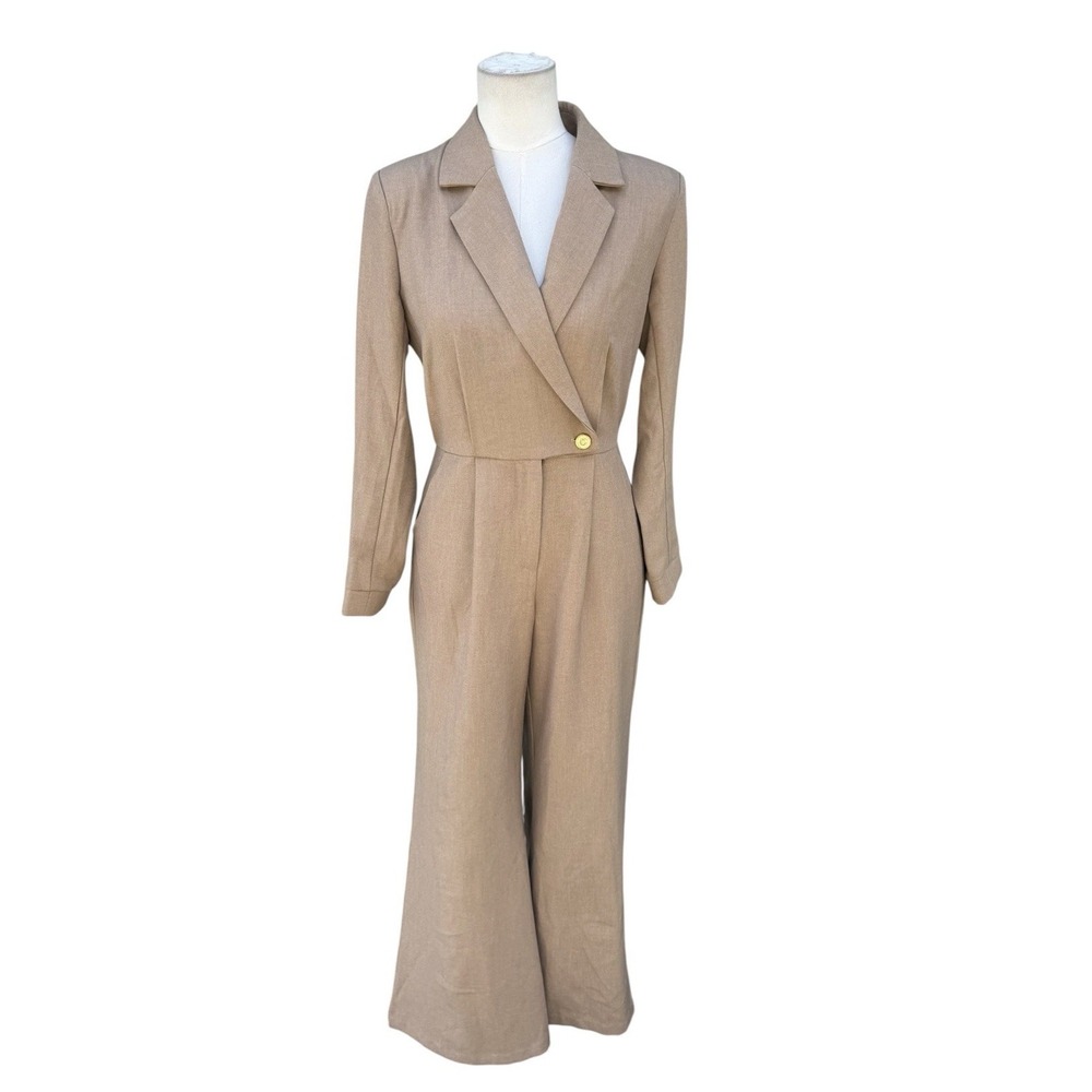 NOYIUS Womens XS Beige Blazer Jumpsuit Wide Leg Gold Button Tailored One Piece